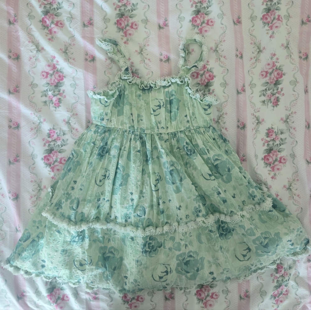 Free Addon - Girls' Mint Floral Tiered Sundress with Lace Trims